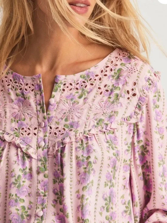 LoveShackFancy Sanderson Pink Floral Blouse - Picture 2 of 12